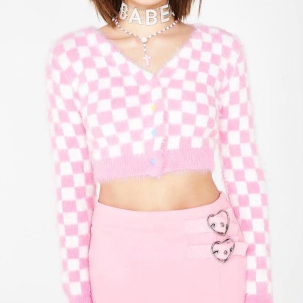 Dolls Kill pink checkered cardigan